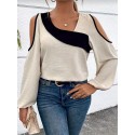 Plus Size Colorblock Cold Shoulder Blouse, Casual Asymmetrical Neck Long Sleeve Blouse For Spring, Women's Plus Size&nbsp;Clothing