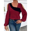 Plus Size Colorblock Cold Shoulder Blouse, Casual Asymmetrical Neck Long Sleeve Blouse For Spring, Women's Plus Size&nbsp;Clothing