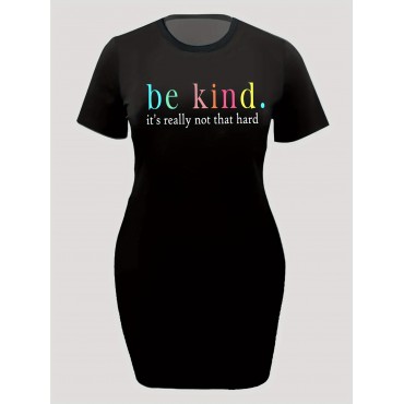 Plus Size Letter Print Dress, Casual Short Sleeve Crew Neck Dress For Spring & Summer, Women's Plus Size&nbsp;Clothing
